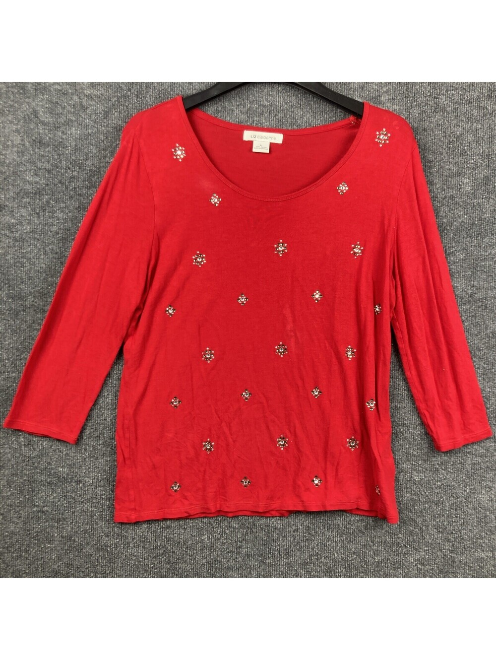 Liz Claiborne Womens Size Large Red Beaded 3/4 Sleeve Scoop Neck Shirt Top EUC